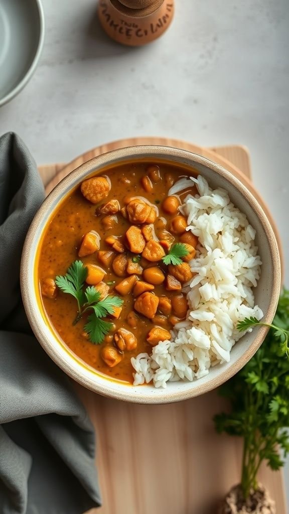 Bowl of lentil curry with coconut milk served with rice and garnished with cilantro.