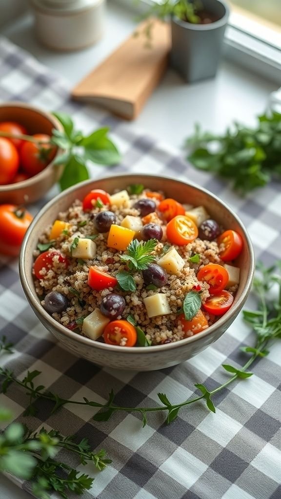 A bowl of colorful no-cook quinoa salad with tomatoes, cucumbers, olives, and feta cheese.