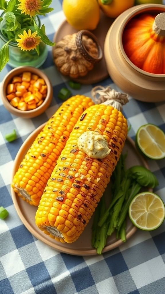 Grilled corn on the cob with butter and lime, garnished with fresh greens on a colorful picnic table.