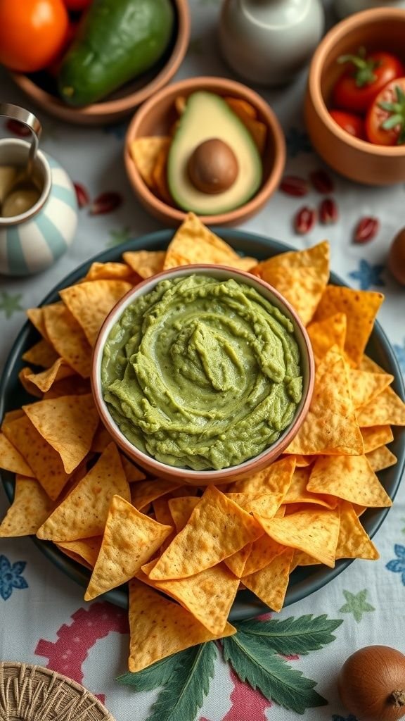 A vibrant bowl of guacamole surrounded by tortilla chips, set against a colorful backdrop of fresh ingredients.