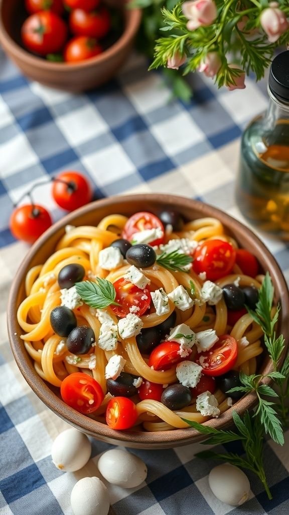 A colorful bowl of Mediterranean pasta salad with cherry tomatoes, black olives, and feta cheese, set on a checkered tablecloth.
