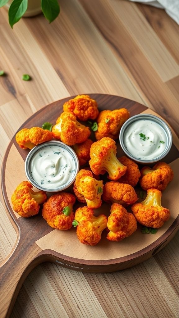 Buffalo Cauliflower Bites served on a wooden platter with blue cheese dip.