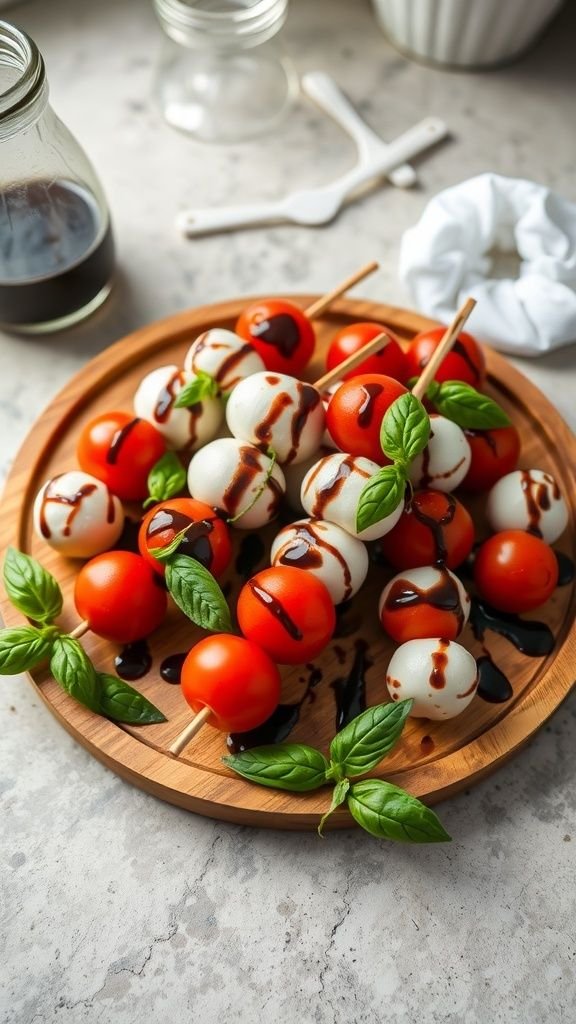 A wooden platter filled with Caprese salad skewers made of cherry tomatoes, mozzarella balls, and fresh basil, drizzled with balsamic reduction.