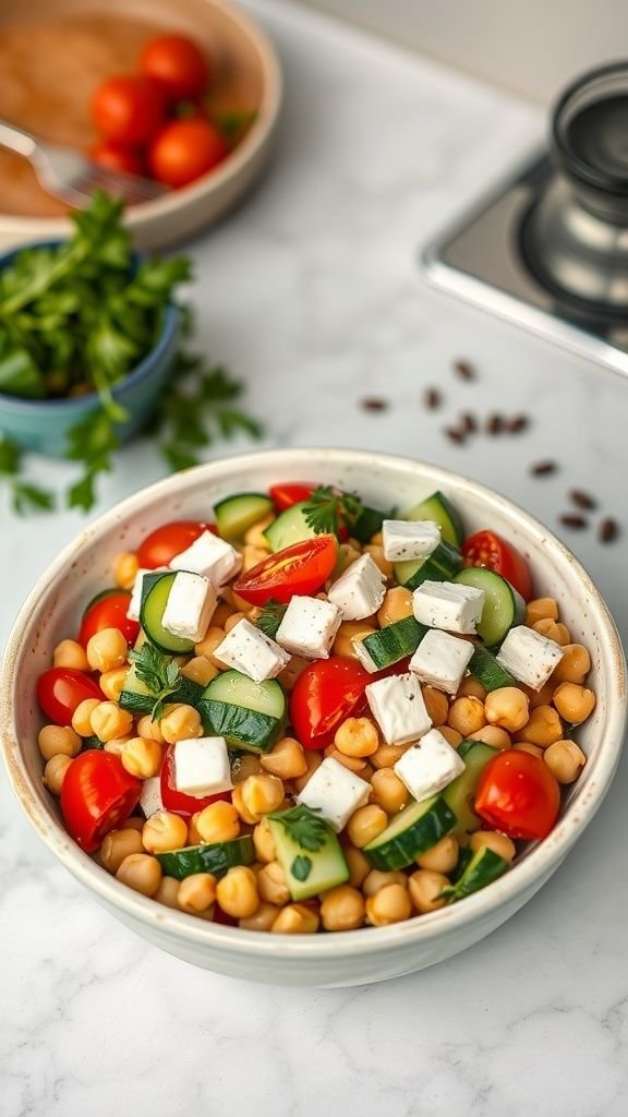 A colorful chickpea salad with cucumber, cherry tomatoes, and feta cheese in a white bowl