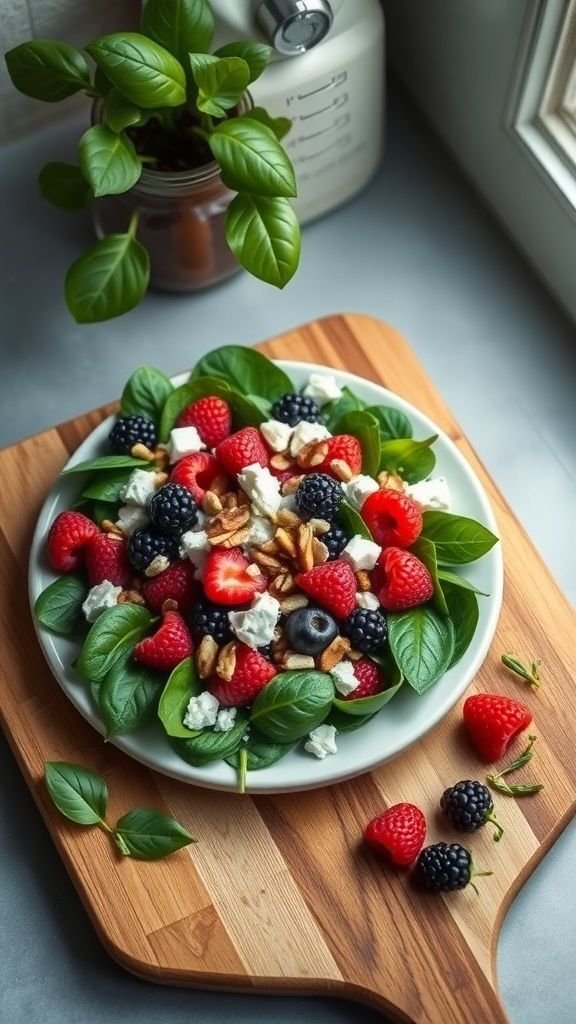 A vibrant berry and spinach salad topped with goat cheese and nuts