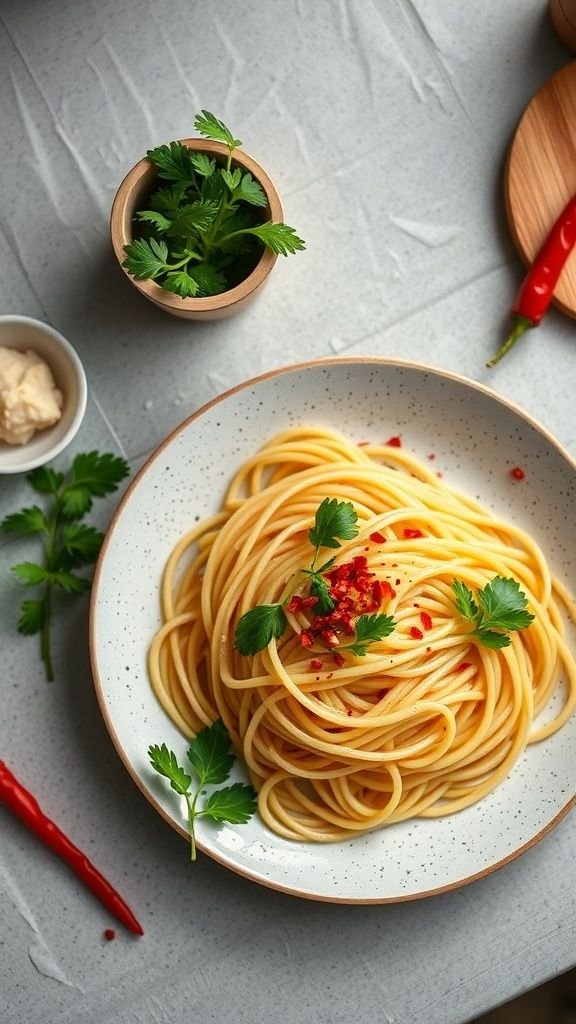 A plate of classic spaghetti aglio e olio topped with parsley and red pepper flakes