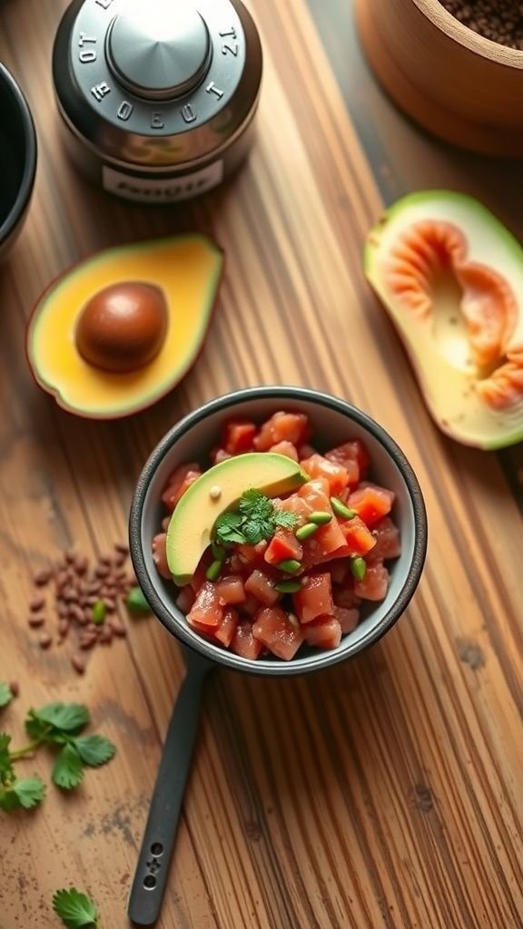 A bowl of spicy tuna tartare featuring diced tuna, avocado, and garnished with green onions and cilantro.