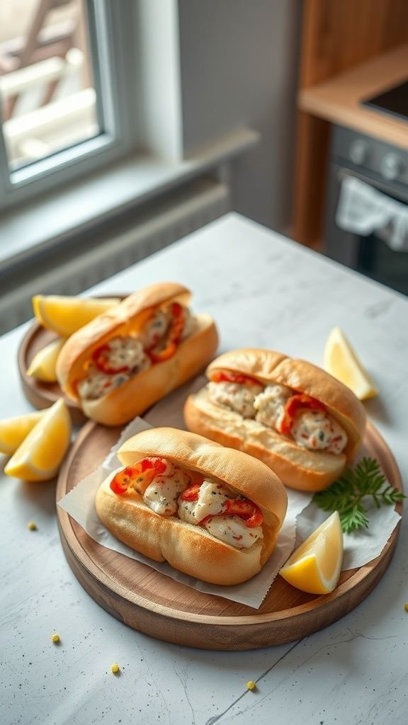 Mini lobster rolls on brioche buns with lemon wedges on a wooden platter