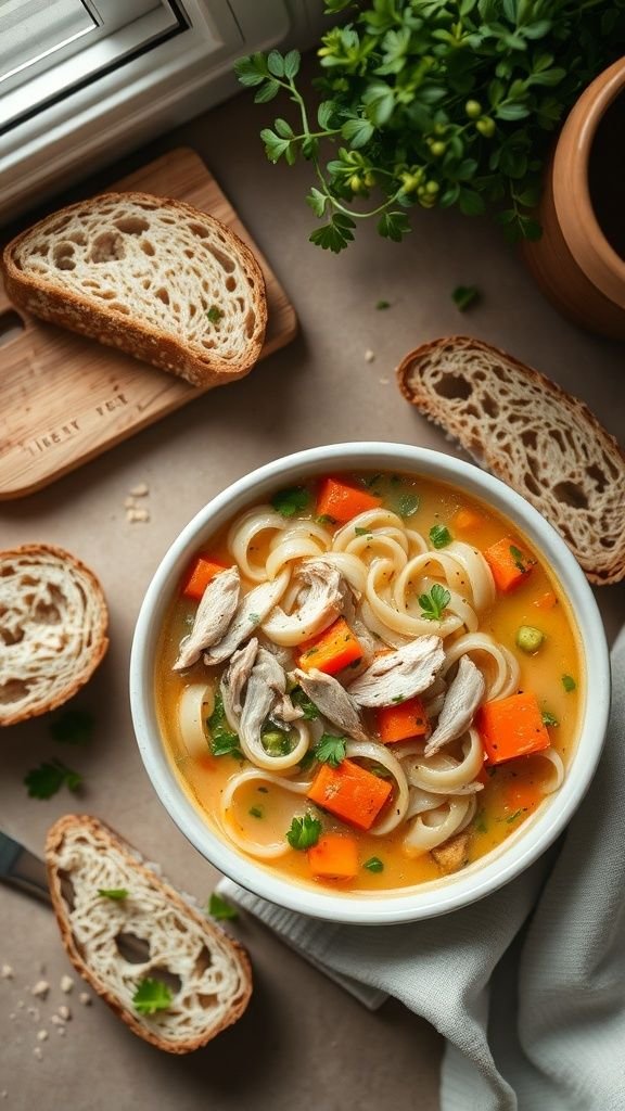 A comforting bowl of chicken noodle soup with tender chicken, diced carrots, and egg noodles, served with slices of rustic bread.