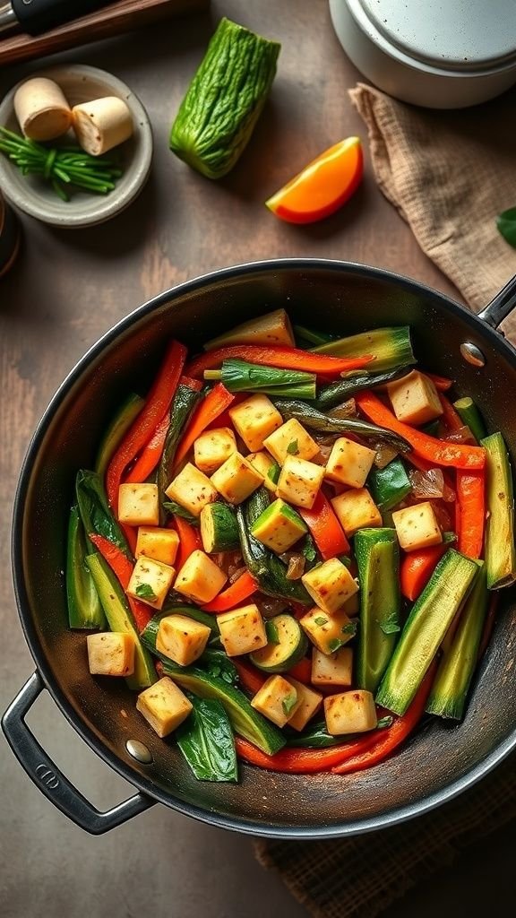 A colorful hearty vegetable stir-fry with diced tofu and assorted vegetables in a black wok.