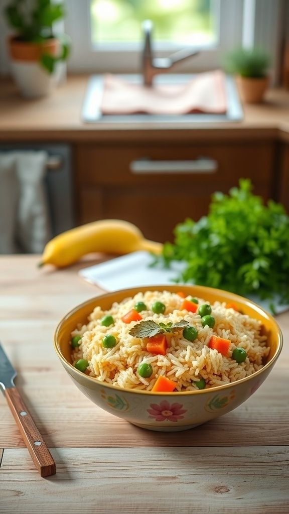 A bowl of colorful egg fried rice with peas and carrots on a wooden table, surrounded by kitchen elements.