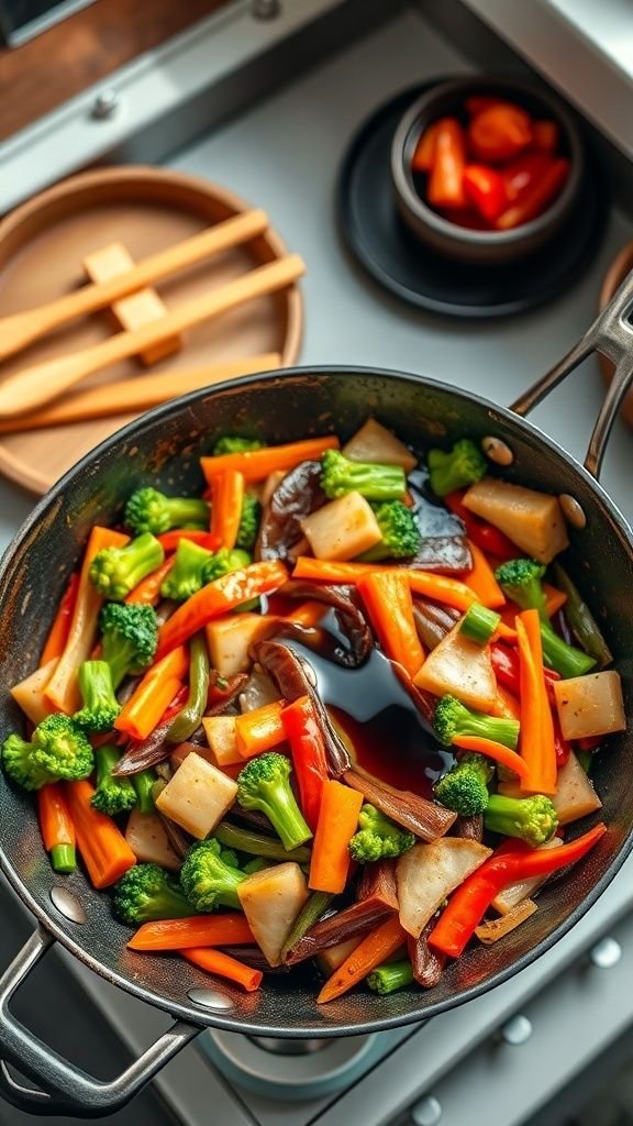 A colorful vegetable stir-fry with broccoli, bell peppers, and snap peas in a pan