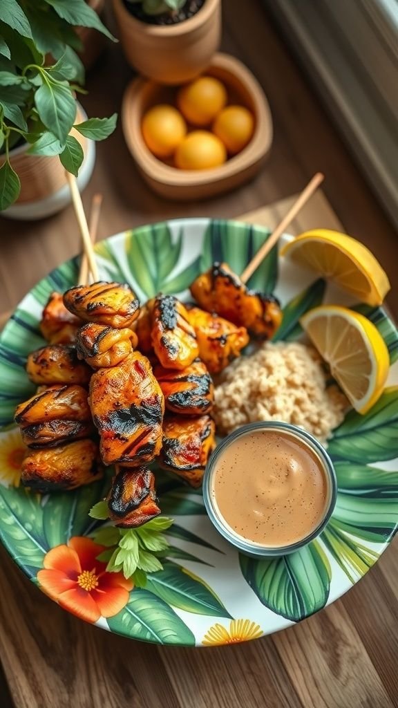 Grilled Chicken Satay with Peanut Sauce on a tropical leaf plate