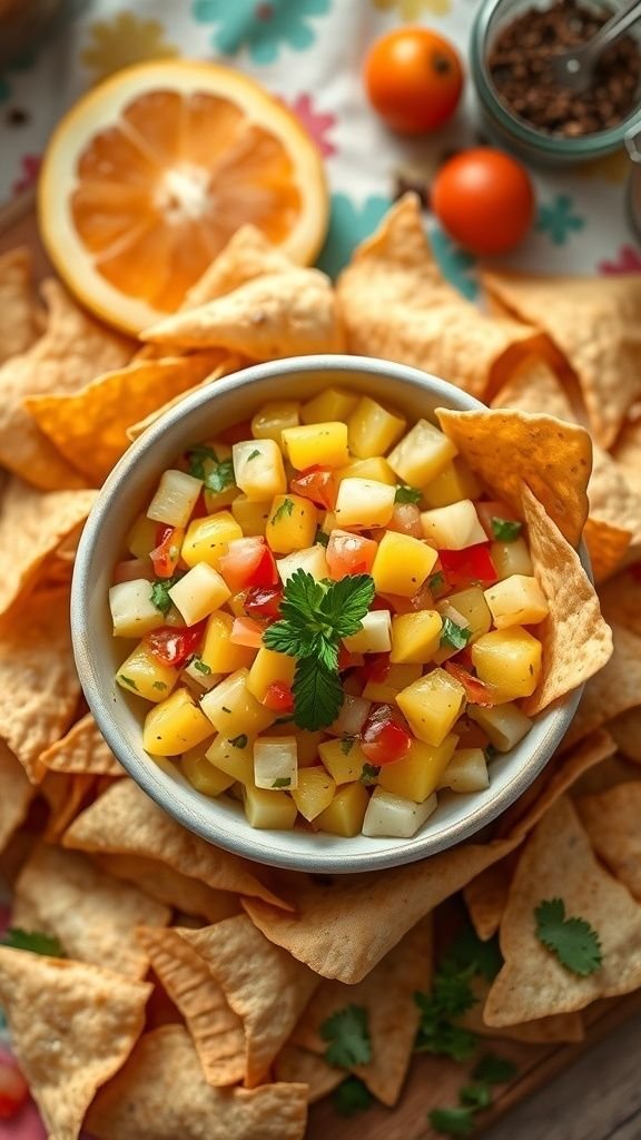 Bowl of pineapple salsa surrounded by tortilla chips
