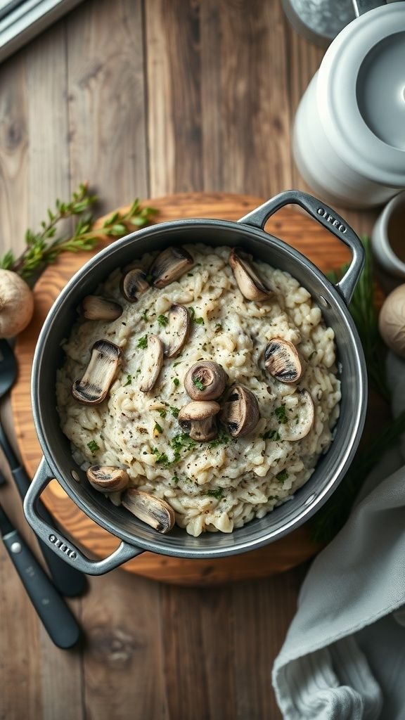 A delicious bowl of creamy mushroom risotto garnished with sautéed mushrooms and fresh herbs.