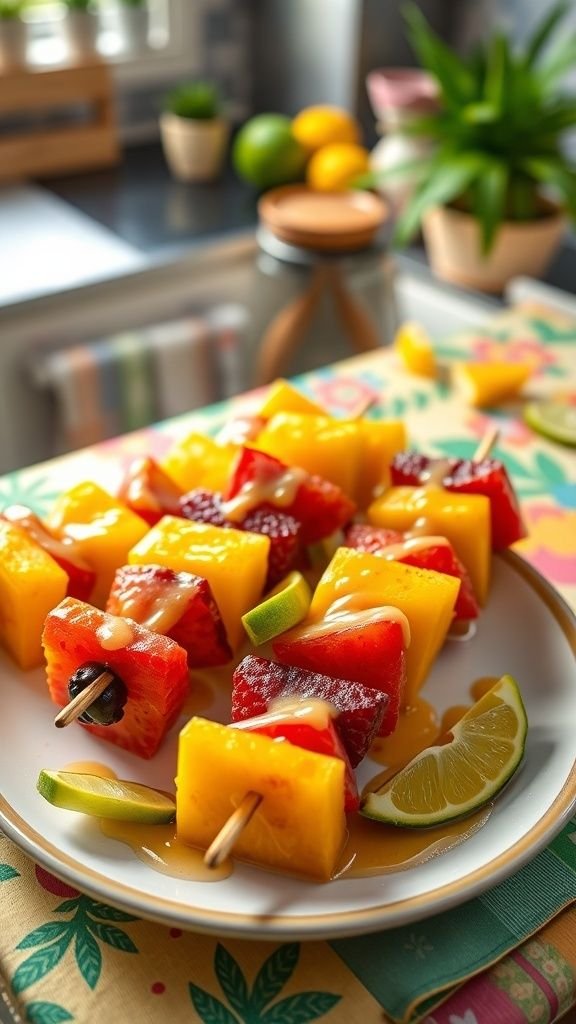 A plate of colorful tropical fruit skewers drizzled with honey lime sauce on a bright table.