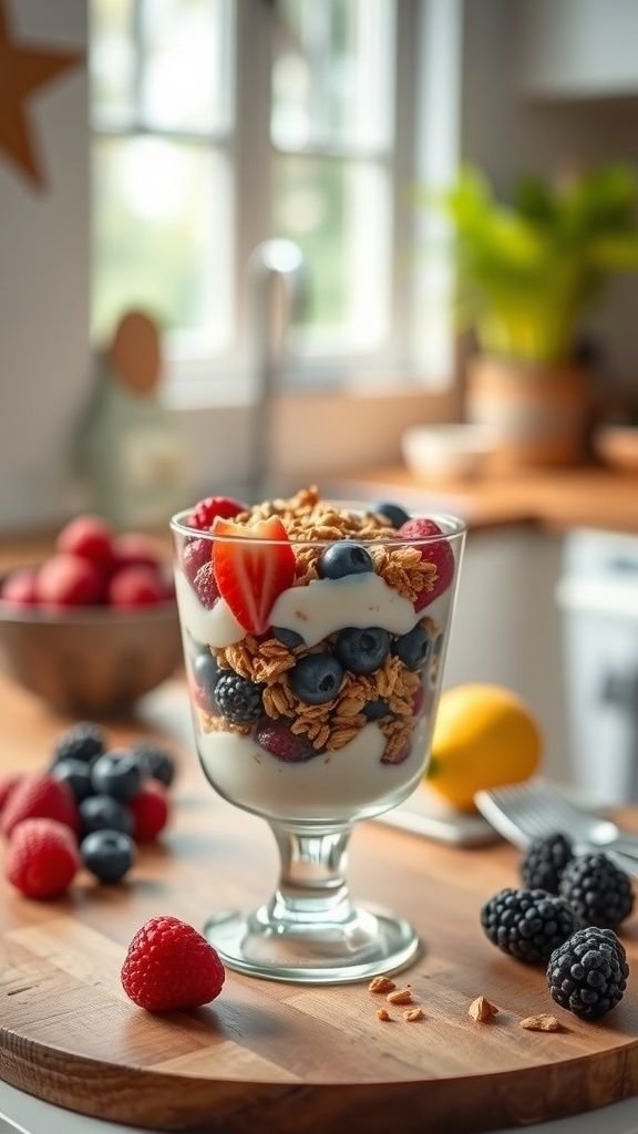 A fruit and yogurt parfait with layers of yogurt, granola, and fresh berries served in a glass.