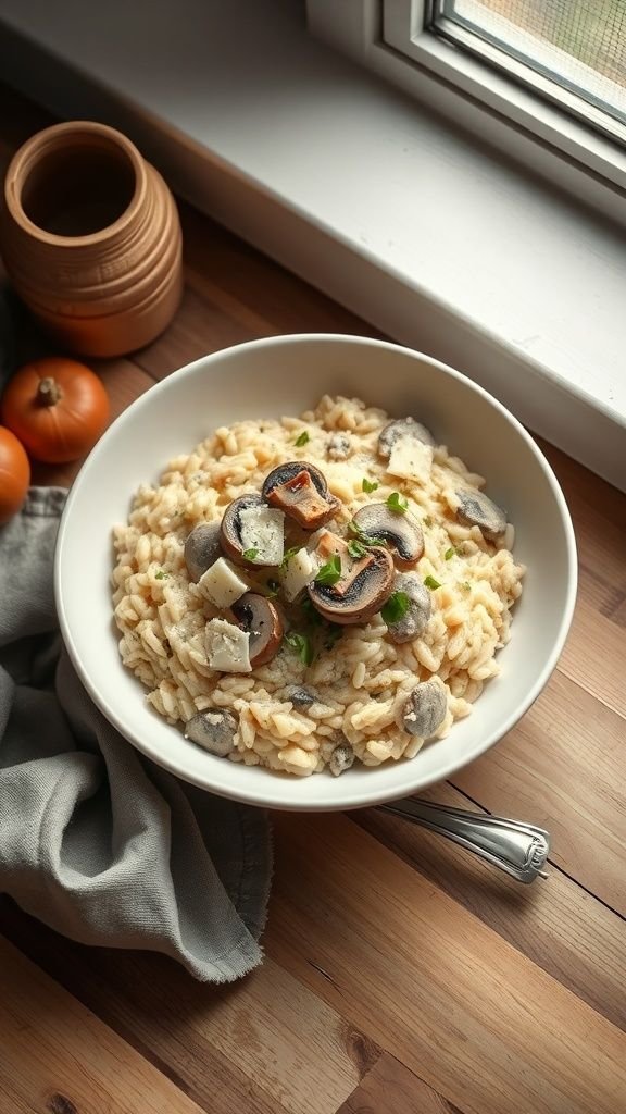 A bowl of creamy mushroom risotto with mushrooms and parsley on top
