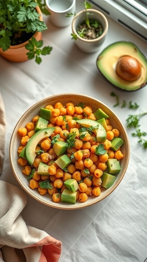 A vibrant bowl of Crispy Chickpea and Avocado Salad with chickpeas, avocado, and cucumber.