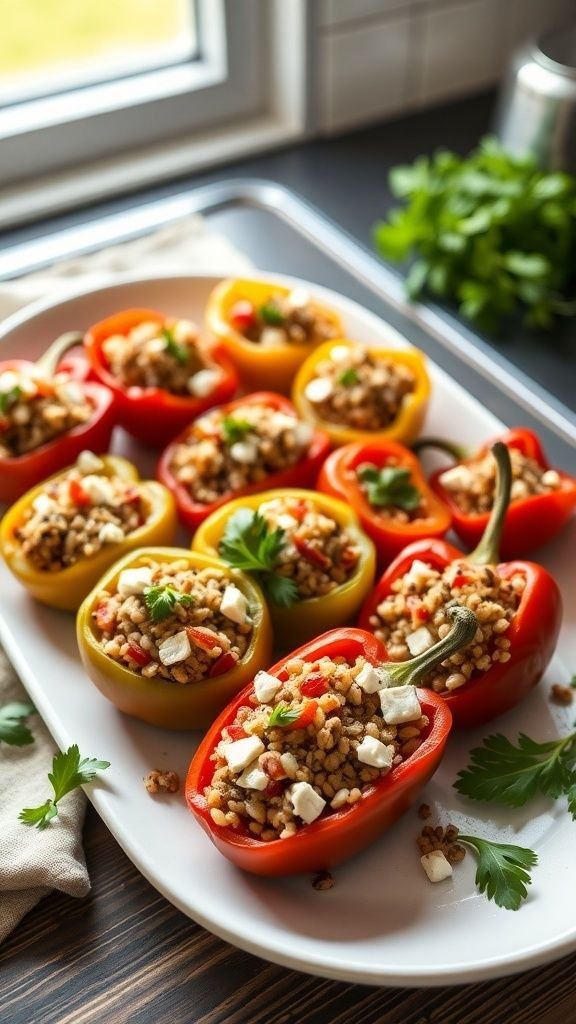 A plate of colorful stuffed mini peppers filled with quinoa and feta, garnished with parsley.