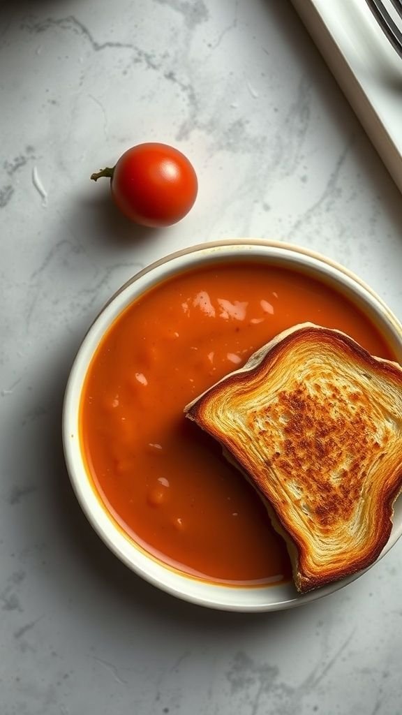 A bowl of creamy tomato soup with a grilled cheese sandwich, alongside a cherry tomato.
