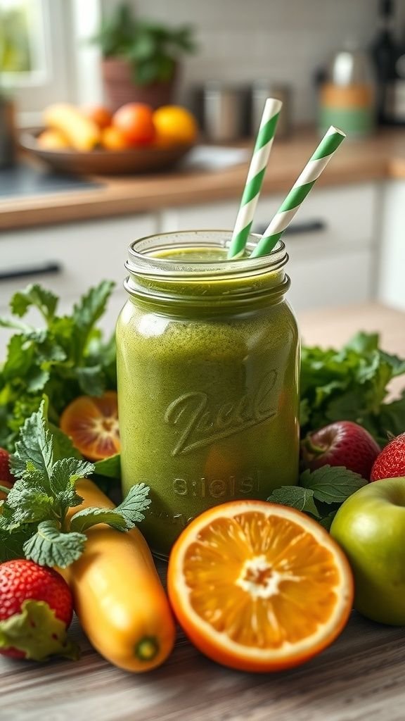 A refreshing green smoothie in a glass jar, surrounded by fresh fruits and vegetables.