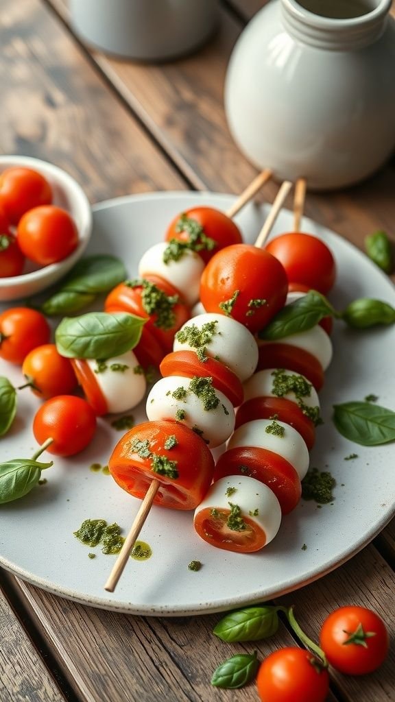 Caprese skewers with cherry tomatoes, mozzarella, and basil drizzled with pesto on a plate.