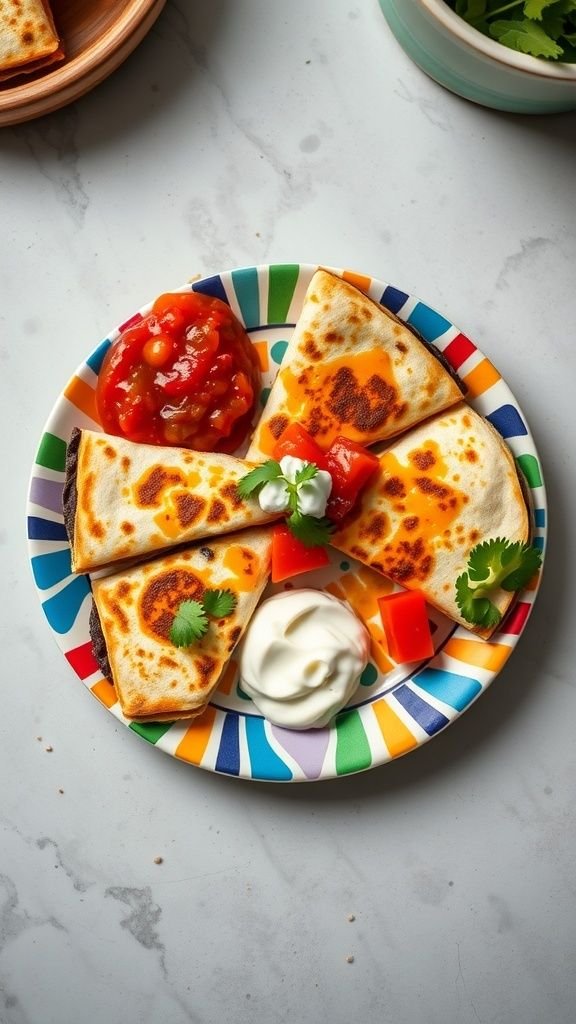 Plate of spicy black bean quesadillas with salsa and sour cream