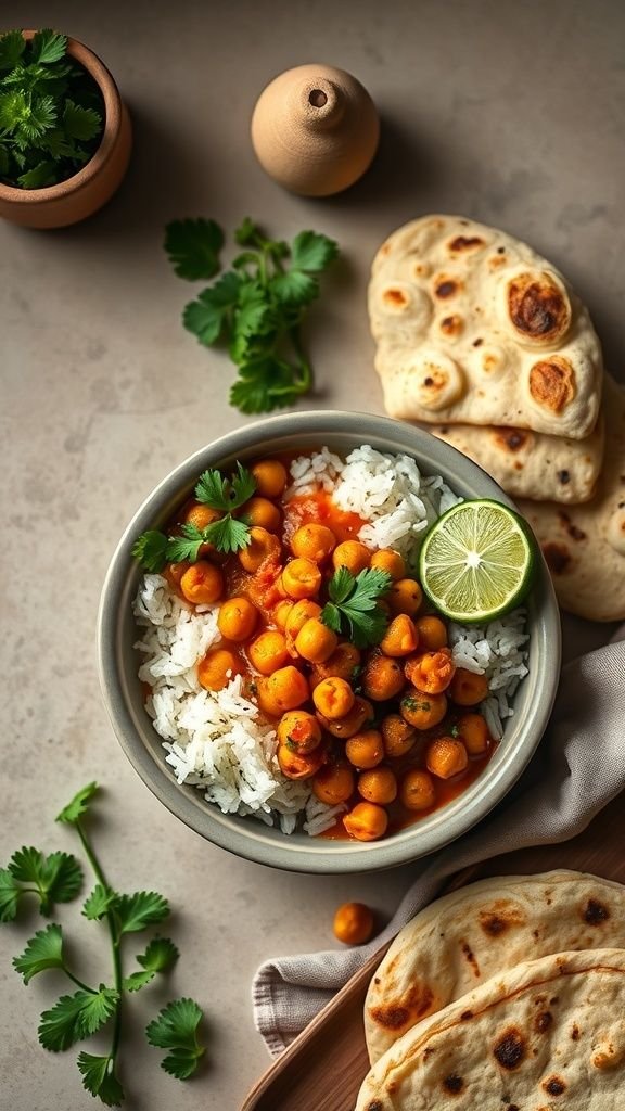 Bowl of spicy chickpea curry served with rice and naan, garnished with cilantro and lime.