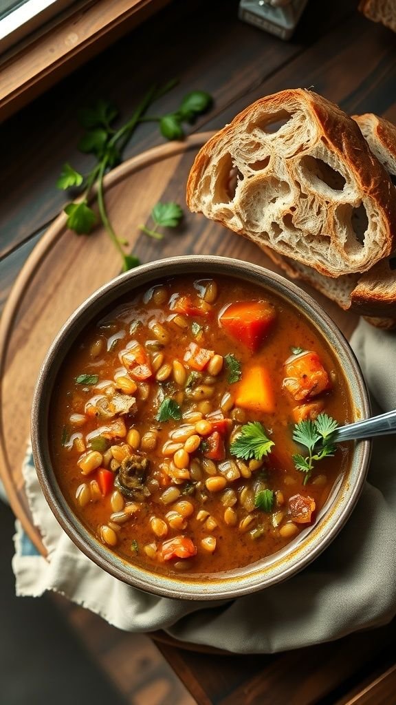 A bowl of savory lentil soup with colorful veggies and a slice of crusty bread on the side.
