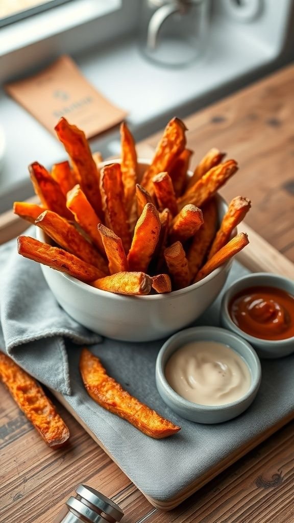 Bowl of crispy baked sweet potato fries with dipping sauces