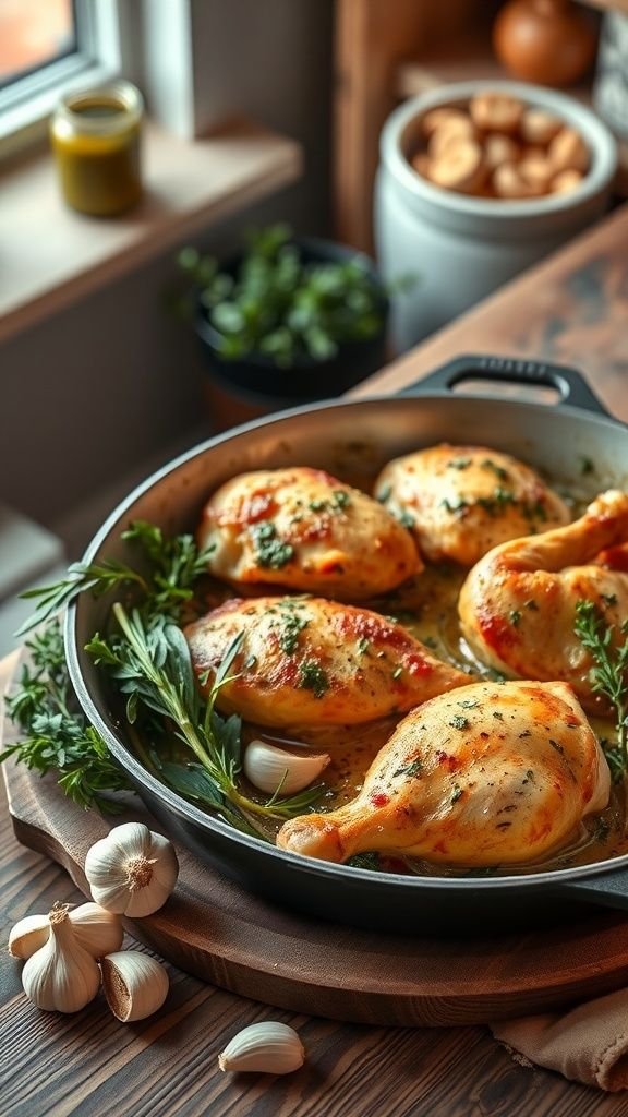 A pan filled with beautifully roasted chicken pieces garnished with herbs and garlic, set on a wooden table