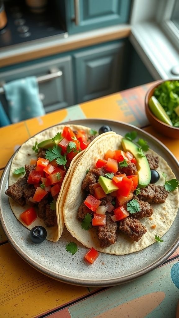 Easy beef tacos with fresh salsa on a plate, garnished with colorful toppings