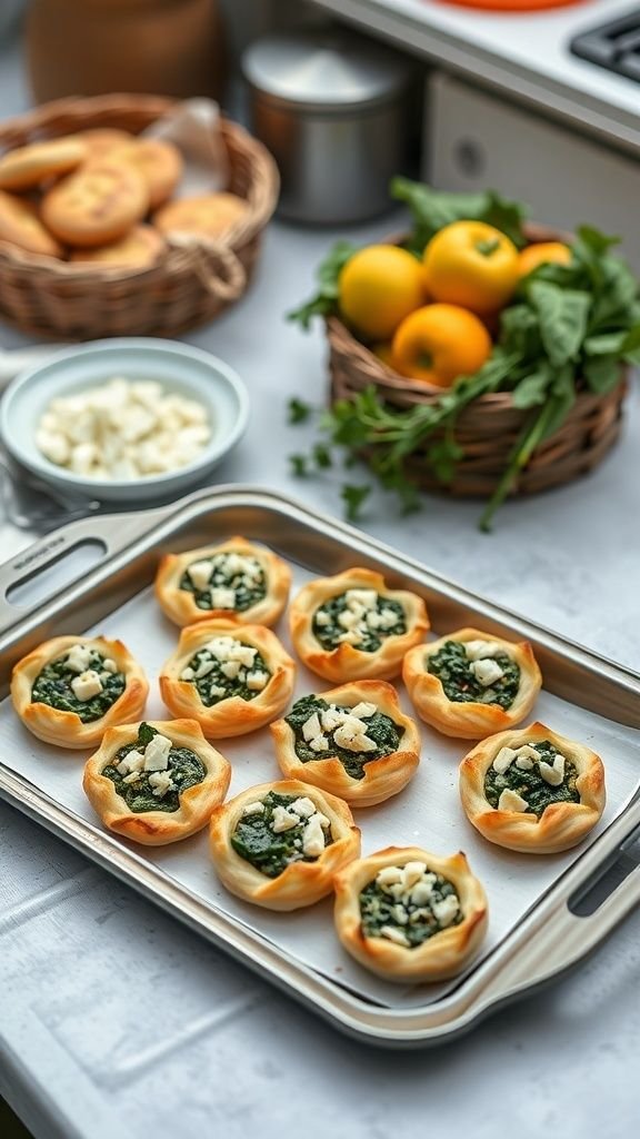 Savory spinach and feta pastry puffs on a baking tray