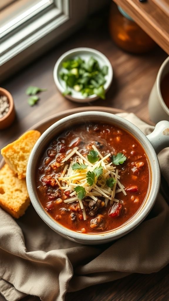 A bowl of classic beef chili topped with cheese and cilantro, served with cornbread on the side.