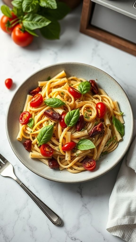 A delicious bowl of pesto pasta salad with sun-dried tomatoes, cherry tomatoes, and fresh basil, served in a stylish dish.