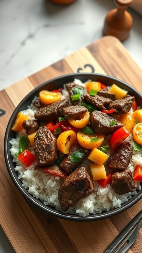A delicious beef stir-fry served on rice, featuring colorful bell peppers and beef.