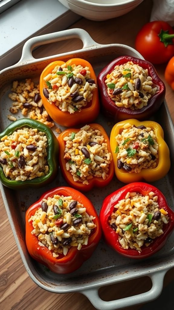 A baking dish filled with colorful stuffed bell peppers, showcasing a mixture of rice, beans, and herbs.