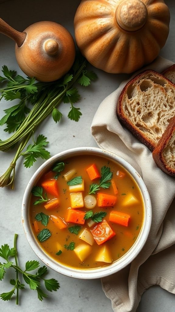A bowl of colorful vegetable soup with herbs beside a piece of crusty bread.