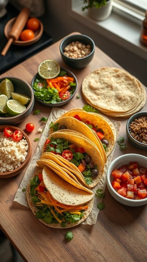 A vibrant taco night spread featuring colorful tortillas and fresh toppings.