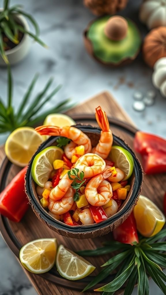 A refreshing bowl of zesty shrimp ceviche with lime and colorful vegetables.