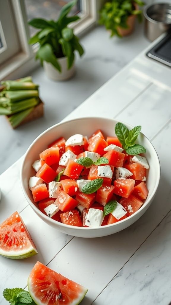 A refreshing watermelon feta salad in a bowl with mint leaves, served on a marble counter.