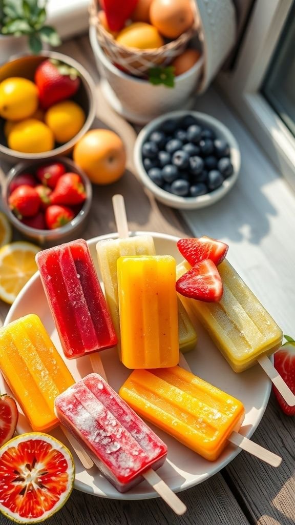 A colorful array of homemade frozen fruit pops alongside fresh fruits.