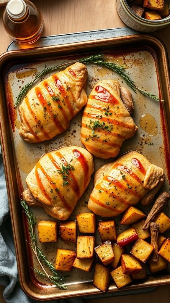 Baked honey mustard chicken thighs with roasted potatoes on a baking tray.