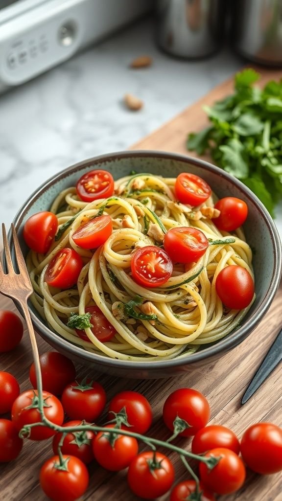 A bowl of zucchini noodles with pesto and cherry tomatoes, garnished with pine nuts.