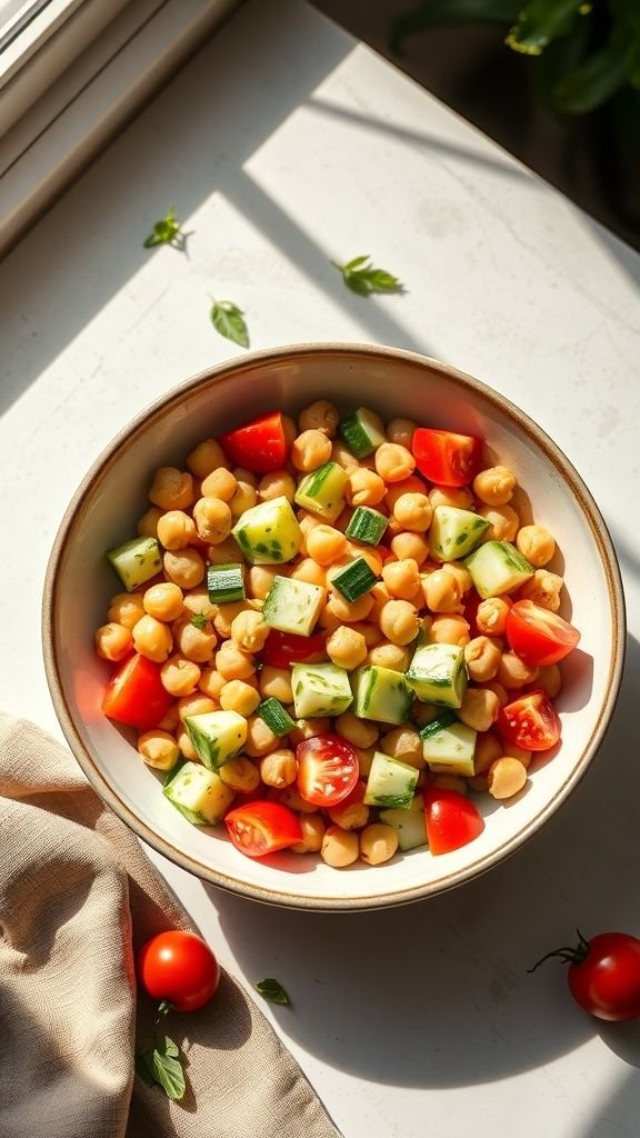 A colorful chickpea salad with diced cucumbers, cherry tomatoes, and fresh herbs in a bowl