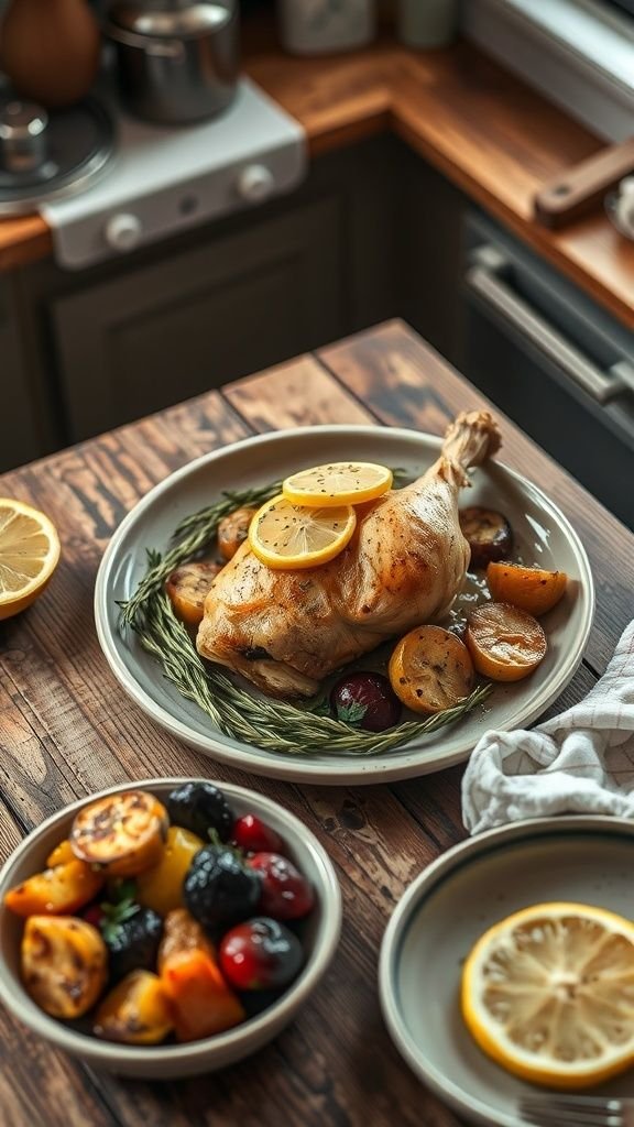 A delicious one-pan baked lemon chicken with assorted vegetables and lemon slices