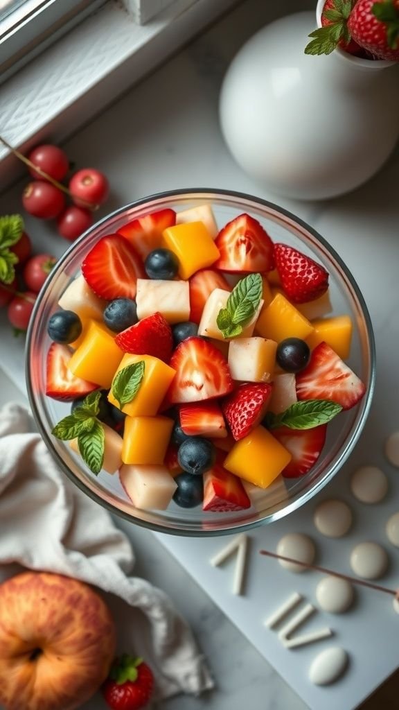 A colorful bowl of refreshing fruit salad with strawberries, mango, blueberries, and mint garnishing.