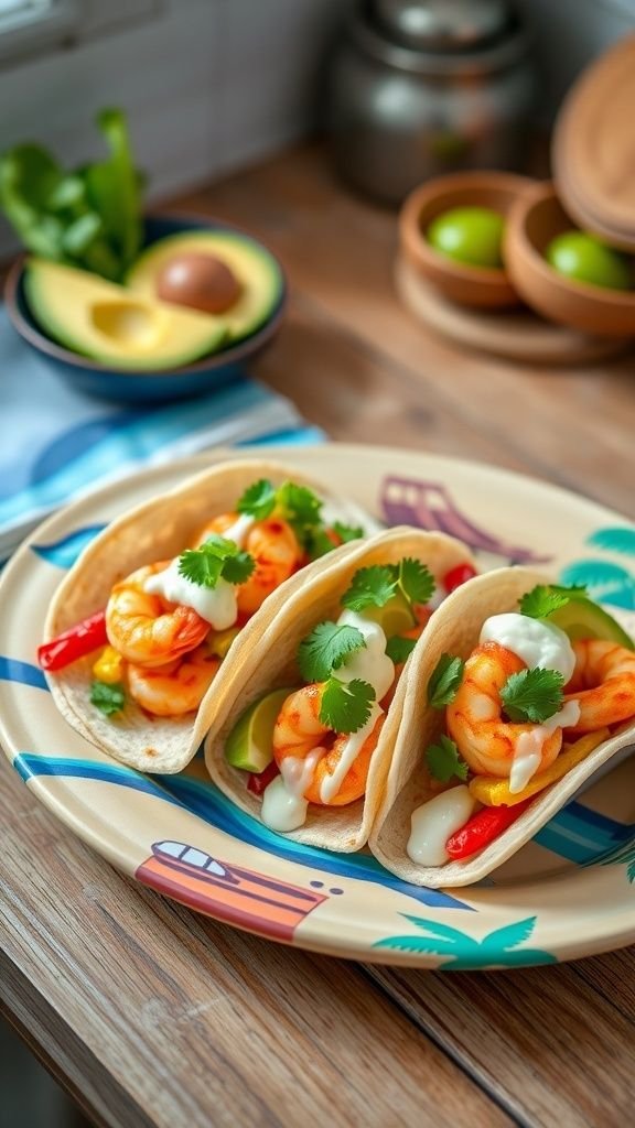 Plate of spicy shrimp tacos with avocado crema, red and green bell peppers, and fresh cilantro.