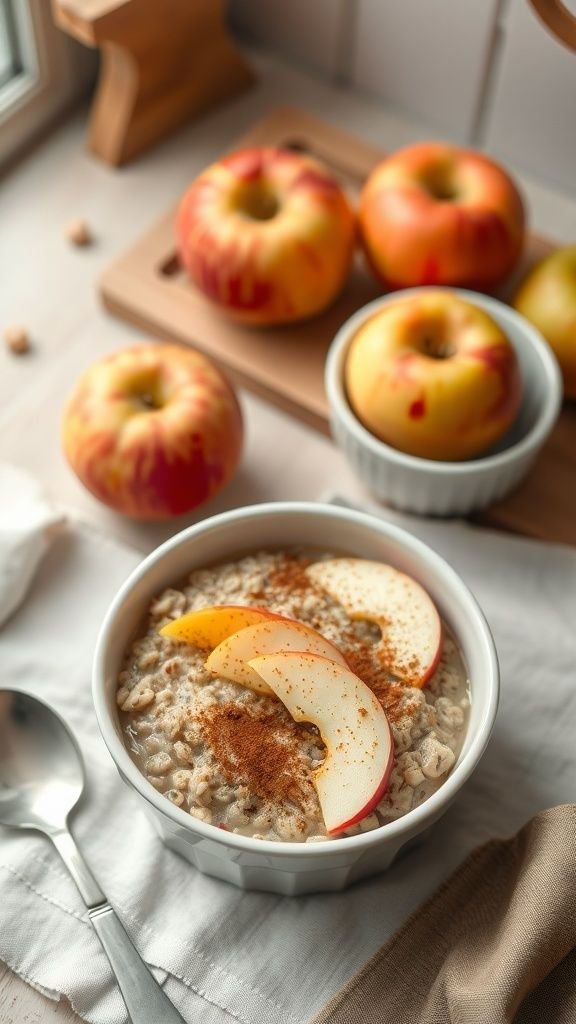 A bowl of apple cinnamon oatmeal topped with sliced apples and sprinkled with cinnamon, with fresh apples in the background.